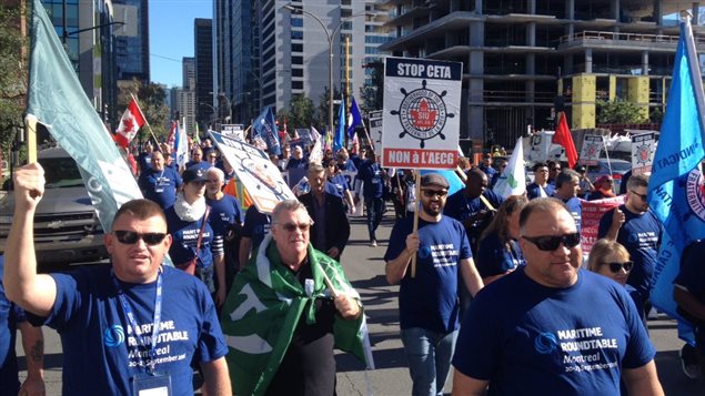 Seafarers Union members join the anti-CETA march in Montreal today, Wed. Sept. 21, 