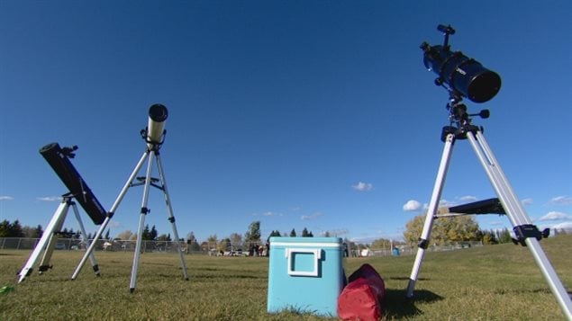 Three telescopes are set up in Bon Accord waiting fro nighttime as the town celebrates its Equinox festival and being Canada’s first Dark Sky community