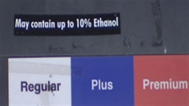 Canadian law mandates a percentage of ethanol to be included in gasoline, as shown on this gas staion pump.