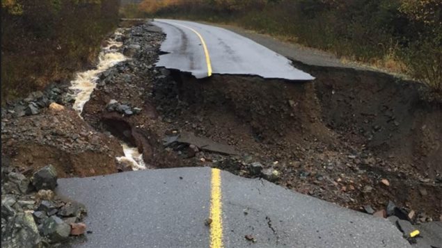 Several communities in Newfoundland have been cut off as the roads have been washed out. this road leading to Hermitage on the south coast is heavily damaged cutting off access to that town as well as two others.