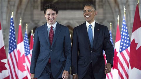 Justin Trudeau, premier ministre du Canada et Barack Obama, président des États-Unis, lors de la visite de ce dernier à Ottawa le 29 juin 2016