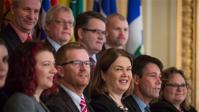 La ministre fédérale de la Santé, Jane Philpott (en bas au centre) en compagnie de ses homologues provinciaux et territoriaux en janvier 2016.