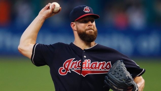 Cleveland pitcher Corey Kluber wearing the jersey featuring the controversial name. 