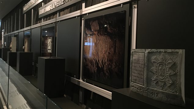 View of the exhibit of carvings and signatures etc. of Canadian soldiers in WW-I  exactly reproduced from mine tunnels in France, where troops waited before going into battle, in many cases, their last. 