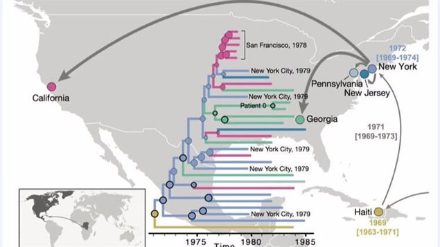 After HIV arrived in the Caribbean from Africa, it spread first to New York City and then to different locations in the U.S., according to a new study. (Worobey et al. / Nature)