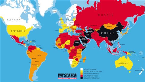 La liberté de presse dans le monde, telle qu’illustrée par Reporters sans frontières.Crédit photo : Reporters sans frontières