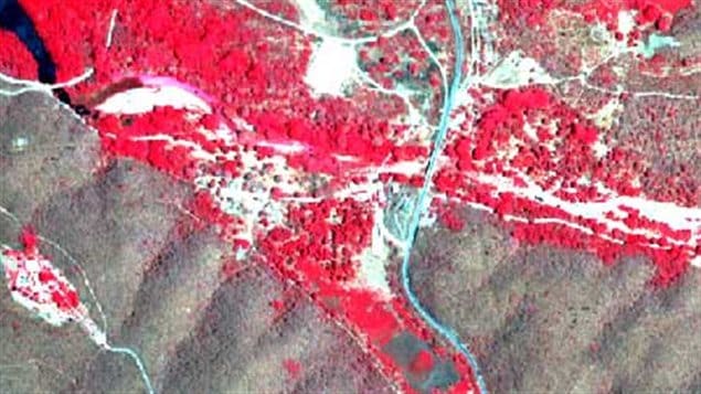 Infra-red satellite image. Strong red *signal* shows tres with lots of leaf cover as this was taken during rainy season.
