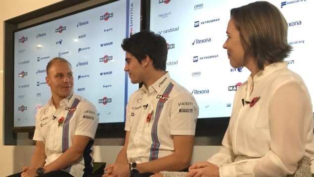 Williams veteran Valtteri Bottas, left, sits alongside F1 rookie Lance Stroll, centre, and deputy team principal Claire Williams as the 2017 line-up is announced Thursday. 
