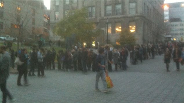A huge line formed across the McGill campus hours before U.S. whistle blower Edward Snowden was to speak via video link.