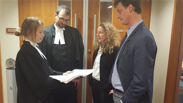 October 2016: Ecojustice lawyers, Kaitlyn Mitchell, Scott McAnsh with Lucy Sharratt, Coordinator Canadian Biotechnology Action Network (CBAN), and Ecology Action Centre policy director, Mark Butler. They say the Canadian government ignored requirements of the Environmental Act in approving the GM salmon