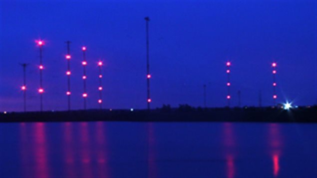 A nighttime view of the shortwave transmitters at Sackville, New Brunswick. They were demolished in 2012.