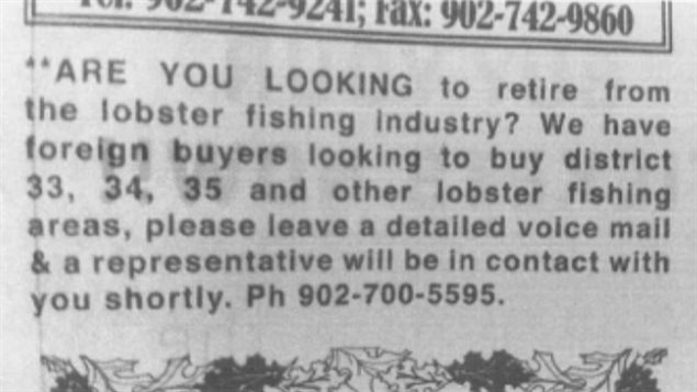 Une annonce parue dans une publication locale invite les pêcheurs à transférer leur permis de pêche au homard à des investisseurs étrangers.