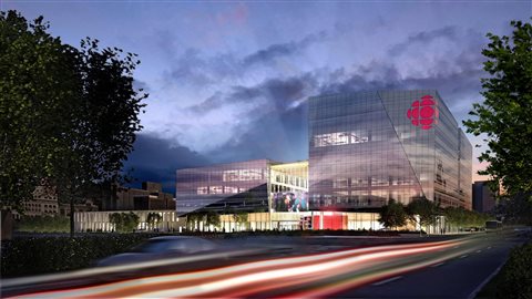 Vue extérieure de la future nouvelle Maison de Radio-Canada dans la ville de Montréal prévue pour janvier 2020.