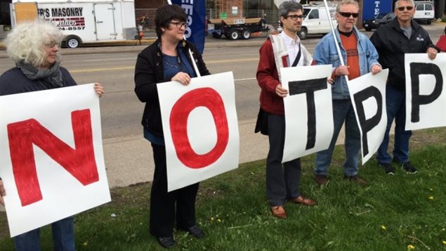 Several people staged a protest of the TPP while government officials met in Windsor Ontario earlier this year to discuss the controversial trade deal.