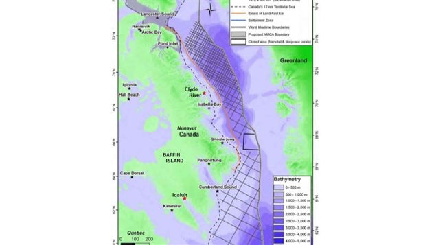 Clyde River about mid-point on Baffin Island. Nunavut Territory capital, Iqaluit at bottom. Note proposed protected area Lancaster Sound at top. Crosshatch indicates proposed seismic testing area.