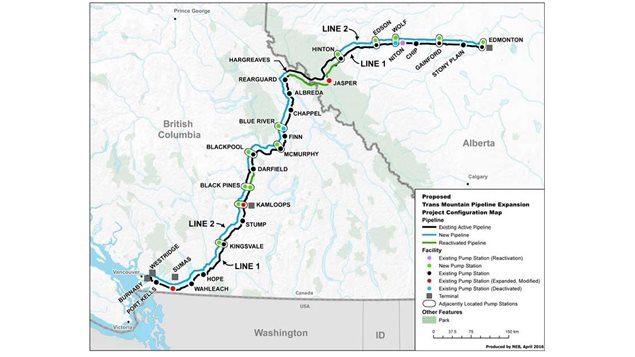 The Trans Mountain pipeline will add a second line to an existing one as it passes through Banff National Park, the Fraser river watershed and on the the terminal at Burnaby B.C.
