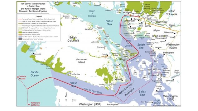 Environmentalists are aslo concerned that the Trans Mountain line will increase tanker traffic in the tricky waters and environmentally sensitive Salish Sea and Juan de Fuca Strait