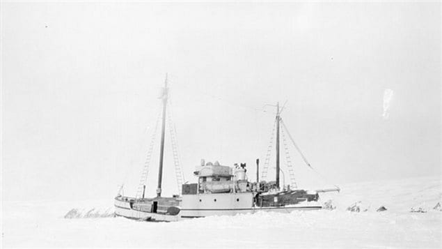 The RCMP motor vessel St Roch stuck in winter ice in 1948 in the Beaufort Sea. The ship was the first to travel the Arctic from west to east, although it took two seasons. Now cruise ships can do it a couple of weeks.