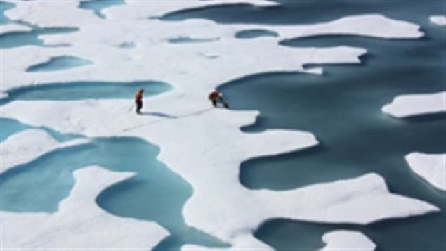 Ice melt from the surface, as shown in this July image in the high Arctic. But ice continues to be melted from underneath by warmer water below. With the start of Arctic winter, ice extent should have been increasing in November but unusual warmth resulted in further melt and decrease in ice.