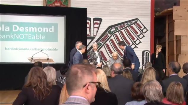 Scene from the Museum of History where the ceremony was held to announce the final choice to be featured on a Canadian banknote. Officials congratulating Viola Desmond’s sister, Wanda Robson, after her short but wonderful and heartfelt speech.