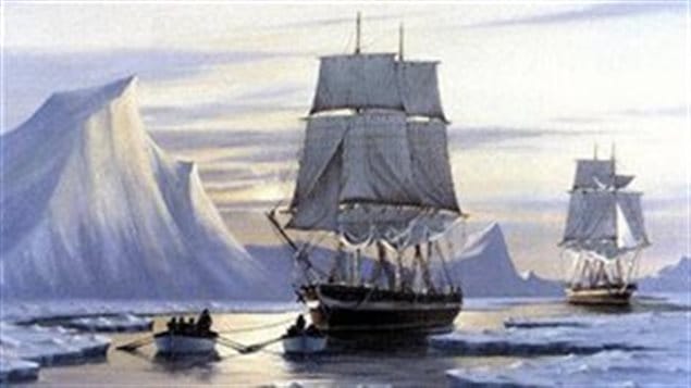 Artists rendering of HMS Erebus and Terror being towed carefully through ice. They would be abandoned in the ice in 1848 and lost for over 150 years