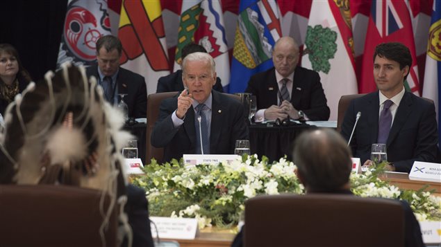 Canadian Prime Minister Justin Trudeau, provincial and territorial premiers and First Nations leaders listen to United States Vice-President Joe Biden deliver remarks at the start of the First Ministers’ and National Indigenous Leaders’ Meeting in Ottawa, on Friday, December 9, 2016.