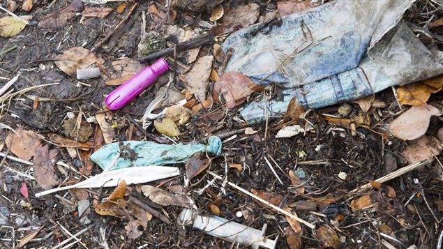 Debris, including a tampon applicator and a syringe lie along the shore of the St. Lawrence River Friday, November 13, 2015 in Montreal. 