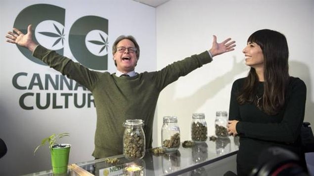 Marc Emery, who owns the Cannabis Culture brand with his wife Jodie, right, at the opening of one of their pot stores on Dec. 15, 2016, in Montreal
