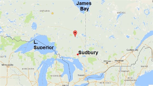 Red pointer indicates location of Kid Creek mine at Timmins, Ontario about 300 km north of Sudbury, over 700 km NW of the national capital Ottawa.