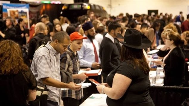 Youth people lined up five-and-a-half hours early to gain entry to the 18th annual hiring fair this spring in Calgary. The fair aims to connect people ages 15 to 24 with potential employers. 