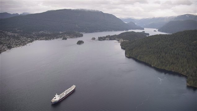 A tanker anchors in Burrard Inlet outside Burnaby, B.C. on Nov. 25, 2016. A pipeline to this port would dramatically increase tanker traffic and underwater noise.