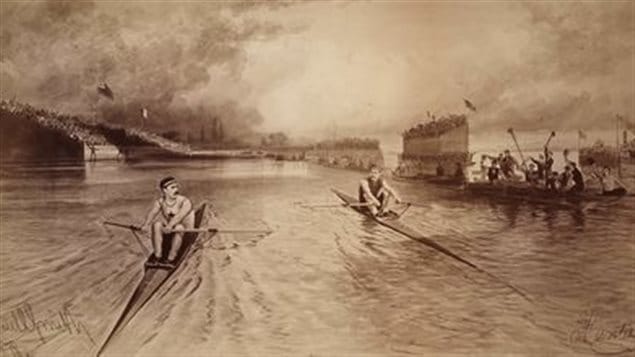 Hanlan racing Fred Plaistad, Toronto Bay (Frederic Marlett Bell-Smith, 1846-1923, Albumen print, 1875) Hanlan would sometimes taunt competitors by slowing down to let them catch up.