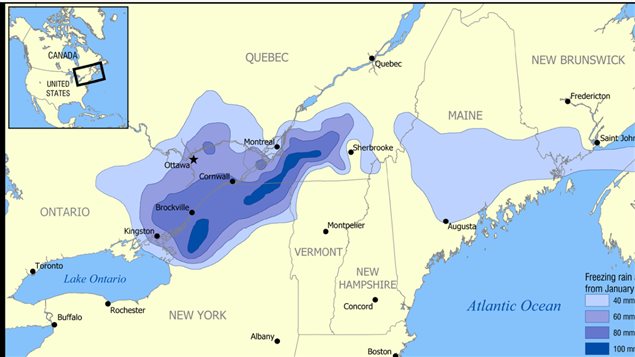 The ice storm lasted five days and affected a vast area from eastern Ontario, southwest Quebec, northern New York state, Maine, and into new Brunswick