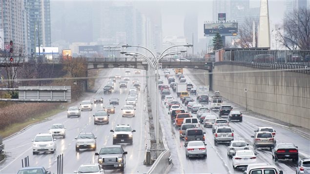 Vehicles jam a major artery in Toronto on November 24, 2016.