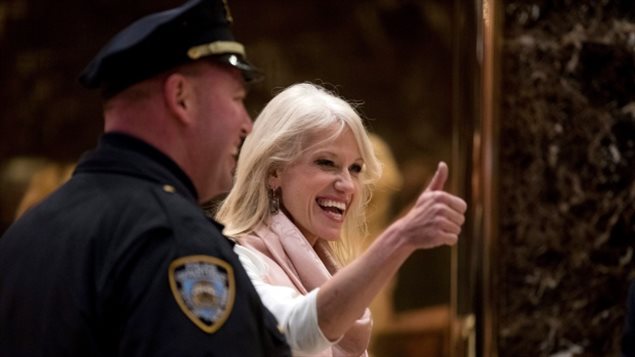 Kellyanne Conway, campaign manager for U.S. president-elect Donald Trump, gives a thumbs up as she arrives at Trump Tower in New York in December. Her Wednesday visit to Alberta has been cancelled.