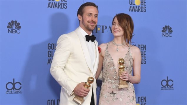 Canadian Ryan Gosling and American Emma Stone won best actor and best actress in a musical or comedy film at Sunday's Golden Globes.