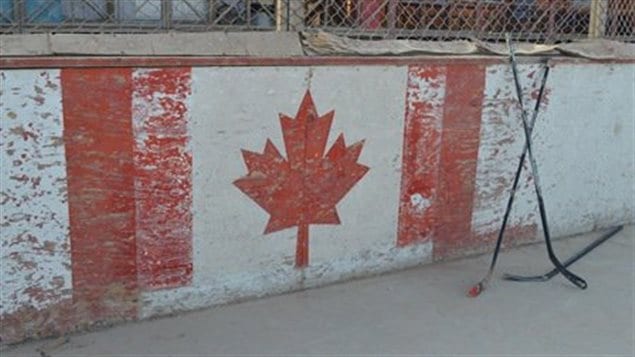 The well-used boards of the Canadian built hockey arena  *Our hope is that these boards will help to tell the story of Canada in #Kandahar –hardship, courage, triumph and tragedy*( Canadian embassy)