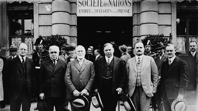 Canadian delegation to the League of Nations, Geneva 3 Sept, 1928. Prime Minister W L Mackenzie-King third from right