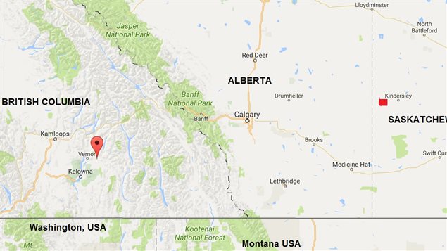 Red balloon indicates Lumby BC where a bomb was found in 2014, Red square shows approximate location of RM Milton, Sk, where a bomb was found on Jan 12, 1945