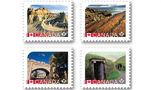 The other stamps in the latest issue of the Canada Post UNESCO World Heritage Sides in Canada. Clockwise from top left: Dinosaur Provincial Park, Alberta; Mistaken Point N.L, Historic District of Old Québec, L’Anse aux Meadows National Historic Site, N.L.