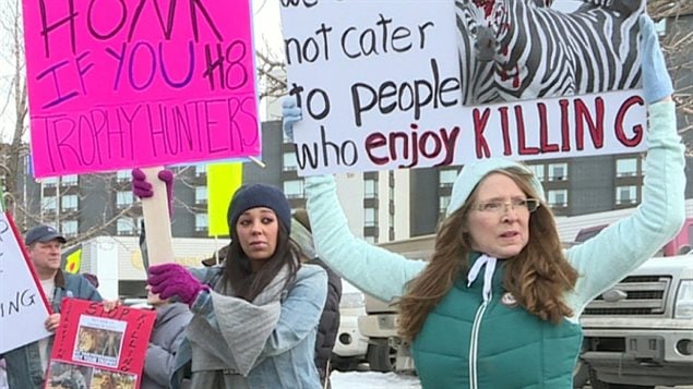 About 30 Calgarians protested a trophy hunting expo in January 2016.