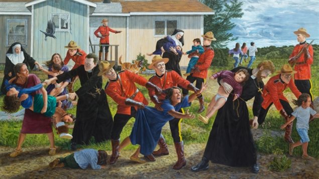 Detalle de *El grito*, cuadro del pintor cree canadiense Kent Monkman que muestra el momento en que los niños indígenas en Canadá eran arrancados a sus familias para llevarlos a las escuelas residenciales para su asimilación cultural.