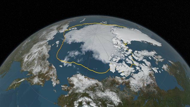A print-resolution image of the Arctic sea ice on September 10, 2016, when the ice reached its annual minimum. In addition, a gold line marks the 36 year average minimum sea ice extent computed over the time period from 1979 (when the satellite record began) through 2014