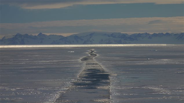 Track of the vessel Nathaniel B. Palmer in the Weddell Sea, with the remnants of the Larsen-B Ice Shelf and Antarctic Peninsula in the background. 