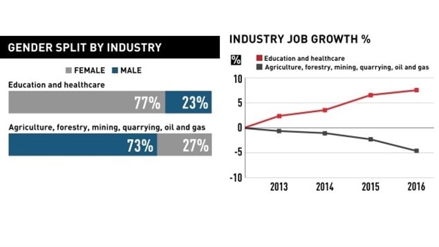 Traditional male dominated industries are declining, whiel traditionally female dominated fields are increasing