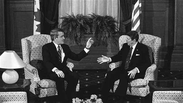 Canadian Prime Minister Brian Mulroney and U.S. President Ronald Reagan hold their first round of talks on March 17, 1985 in Quebec City. 