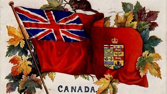 Image on a 1908 postcard. Sometimes flag makers would add a crown, or other embellishments further adding confusion as to what constituted Canada’s (still unofficial) flag