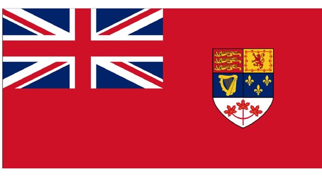 The 1957 version of Canada’s Red Ensign, Leaves changed from green to red, and harp modified removing female figure with breasts