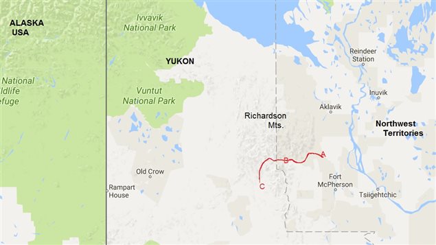 Approximate route of Johnson A) cabin on Rat River, B() where Cst Millen was shot and killed, C) Eagle River Yukon where Johnson was killed.