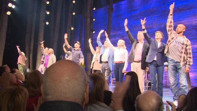 The cast of Come From Away  take a bow to an Opening Night standing ovation at Broadway's Gerald Schoenfeld Theatre Sunday in New York. 